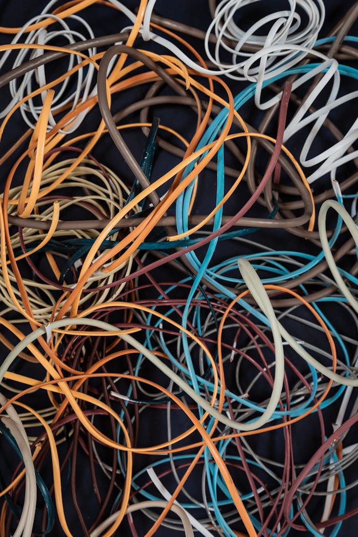Close-up of colorful tangled wires creating an abstract pattern.
